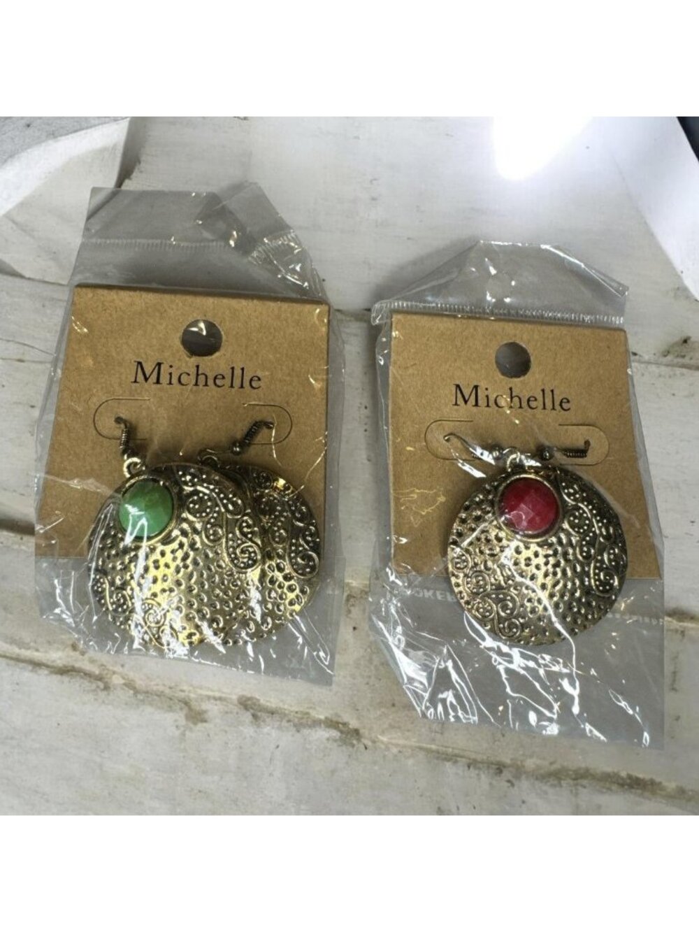 Michelle Goldtone Dangling Earrings With Red & Green Stone Accents Ornate Swirl